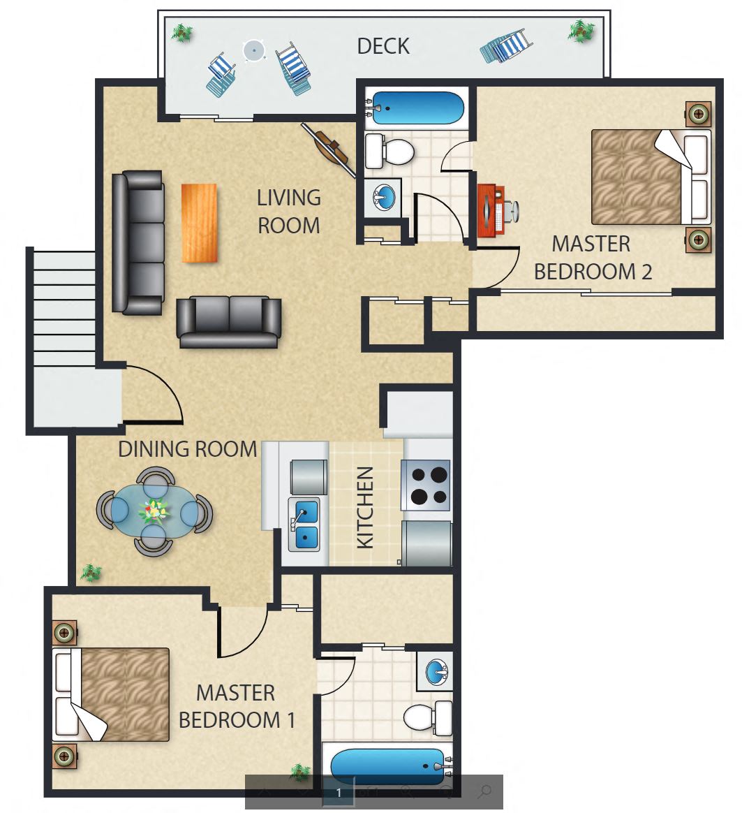 Floor plan for 2 beds, 2 baths, 1050 sqft